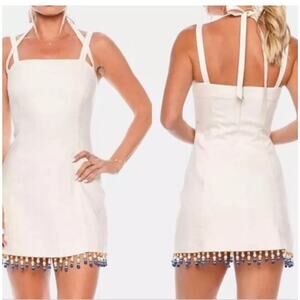 House of Harlow 1960 Womens Linen Square Neck Beaded Mini Dress White Sz Lg